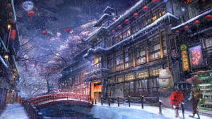 Stroll Through The Snow-covered Streets Of Anime City Wallpaper