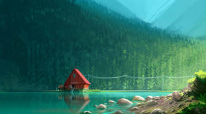 Stunning Digital Lake Cabin Aesthetic Teal Wallpaper