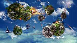 Stylised Floating Island With Machines Wallpaper