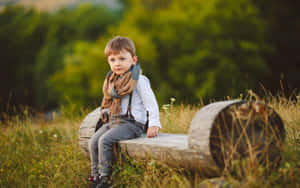 Stylish Boy Baby Sitting On Wood Log Wallpaper