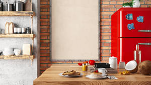 Stylish Kitchen Interior With Red Refrigerator Wallpaper