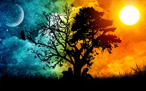 Sun And Moon Tree Silhouette Wallpaper