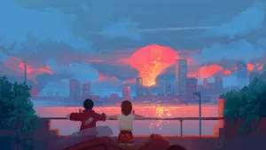 Sunset Aesthetic Anime Couple Digital Painting Wallpaper