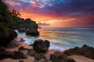 Sunset Rocky Beach Bali Indonesia Wallpaper