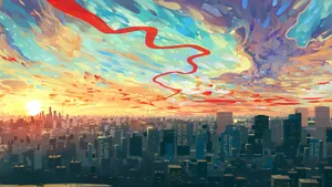 Sunset Skylinewith Red Ribbon Wallpaper
