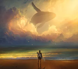 Surfer Watching Flying Whale Wallpaper