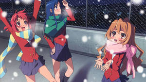Taiga, Minori & Ami Cuddling During A Snowy Day Wallpaper