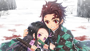 Tanjiro And Nezuko Snowfield Blood Wallpaper