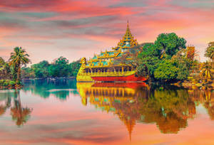 Temple By The Lake Full Screen Desktop Wallpaper