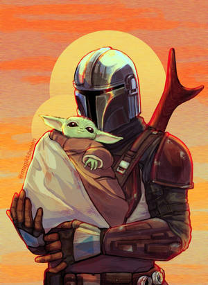 The Cutest Duo In The Galaxy - Baby Yoda And The Mandalorian Wallpaper