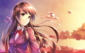 This Anime Girl Is Crying During A Beautiful Sunset, Her Sadness Soothed By The Peace Of The Evening. Wallpaper