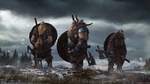 Three Fierce Viking Berserker Warriors Battle Ready Wallpaper