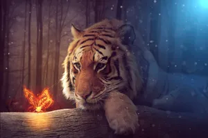 Tiger And Glowing Butterfly Wallpaper
