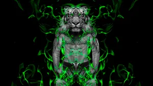 Tiger Head Human With Green Fire Wallpaper