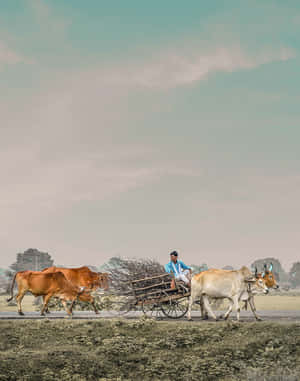 Traditional Farmer Oxen Cart Transportation Wallpaper