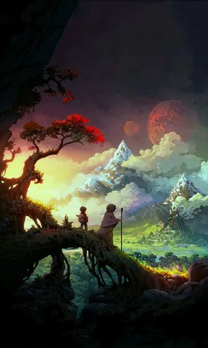 Travelers Overlooking Fantasy Landscape Phone Wallpaper