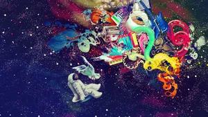 Trippy Astronaut In Space With Random Objects Wallpaper