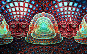 Trippy Red Faced Statue Psychedelic Art Wallpaper
