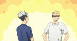 Two Anime Characters Talking In Front Of A Yellow Background Wallpaper