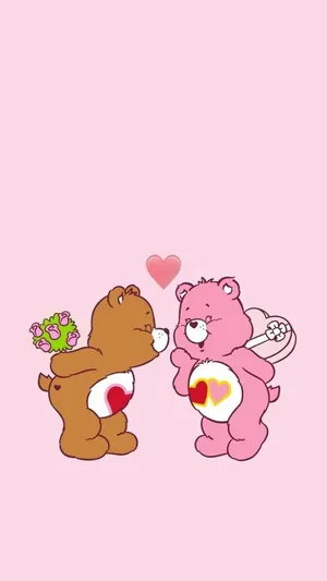 Two Care Bears Are Holding Hands And Kissing Wallpaper