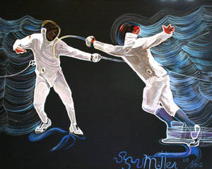 Two Fencers In Intense Duel Wallpaper