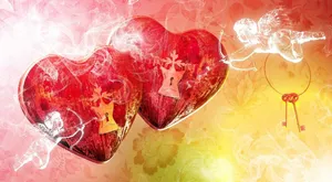 Two Hearts With A Key And A Heart Shaped Lock Wallpaper