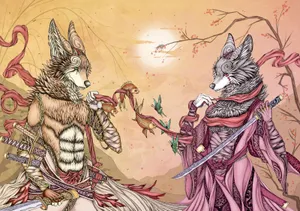 Two Kitsune With Sets Of Katana Wallpaper