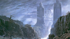 Two Monumental Statues Of Guardians - The Argonath - Stand Tall Above The Anduin River In Lord Of The Rings Wallpaper