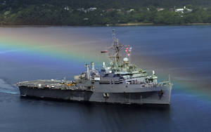 U S Navy Ship Behind A Rainbow Wallpaper