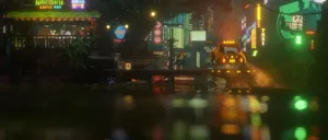 Ultrawide Cyberpunk Car And Store Wallpaper