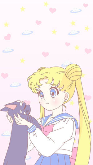 Usagi Holding Luna Sailor Moon Iphone Wallpaper