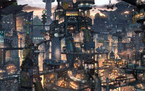 Vast Japanese Anime City Buildings Wallpaper