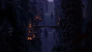 Waterfalls In Forest Night Pixel Art Wallpaper