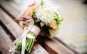 Wedding Bouquet On Wooden Bench Wallpaper