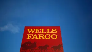 Wells Fargo Sign Against Cloudless Sky Wallpaper
