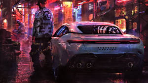 White Car In Techno City Wallpaper