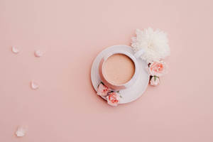 White Glazed Cup With Saucer On Pink Surface Wallpaper