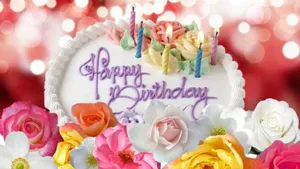 White Happy Birthday Flower Cake Wallpaper