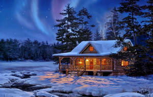 Winter House And Northern Lights Wallpaper