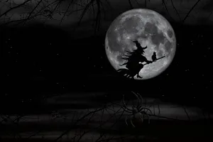 Witchy Silhouette On Full Moon Wallpaper