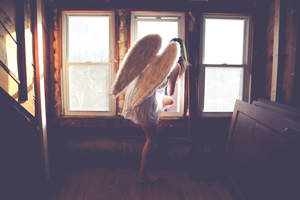 Woman In White Dress With Wings About To Jump On Window Wallpaper