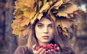 Woman With Red Berries Wallpaper