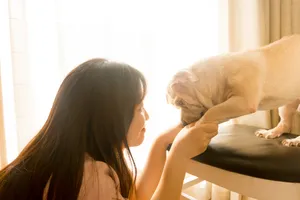 Womanand Dog Bonding Moment Wallpaper
