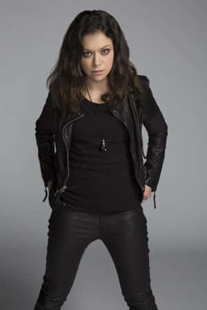 Womanin Black Leather Jacketand Pants Wallpaper