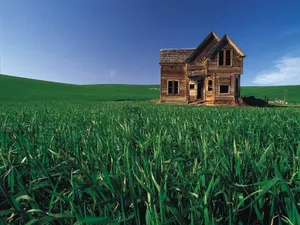 Wooden House On Green Grass Land Wallpaper