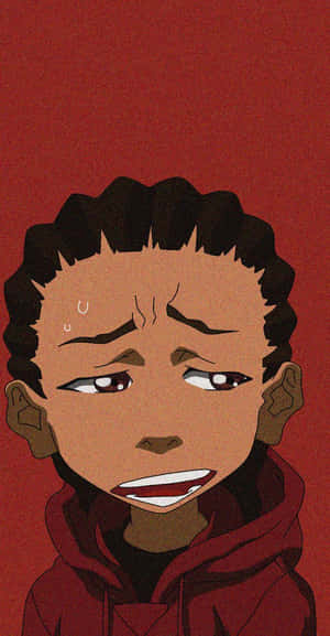 Worried Cartoon Boy Red Hoodie Wallpaper