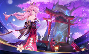 Yae Miko Beside Temple Wallpaper