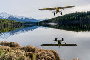 Yellow Small Airplane Over Lake Wallpaper