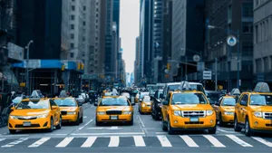 Yellow Taxi Beside Pedestrian Lane Wallpaper